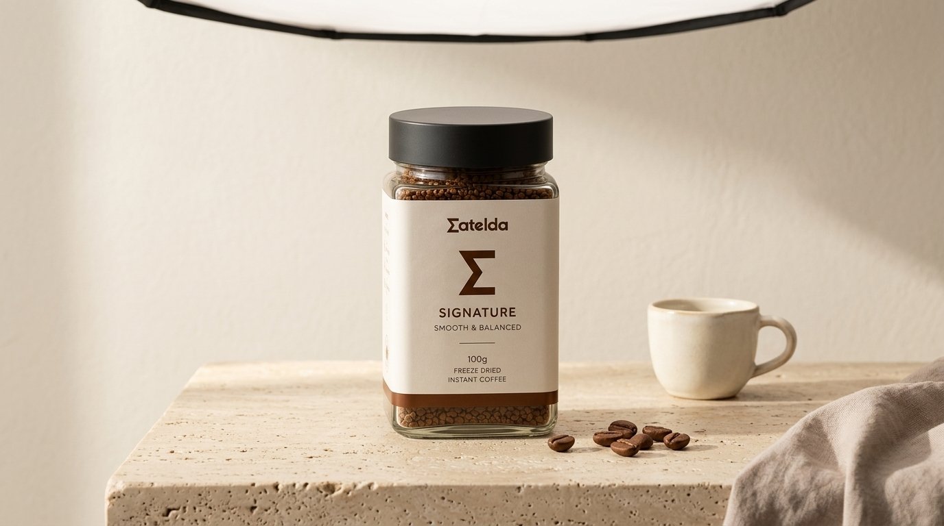 Overhead flat lay of a coffee ritual with instant granules, mug and spoon on linen